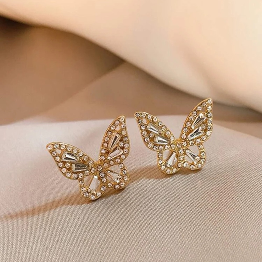 Gold Rhinestone Butterfly Earrings